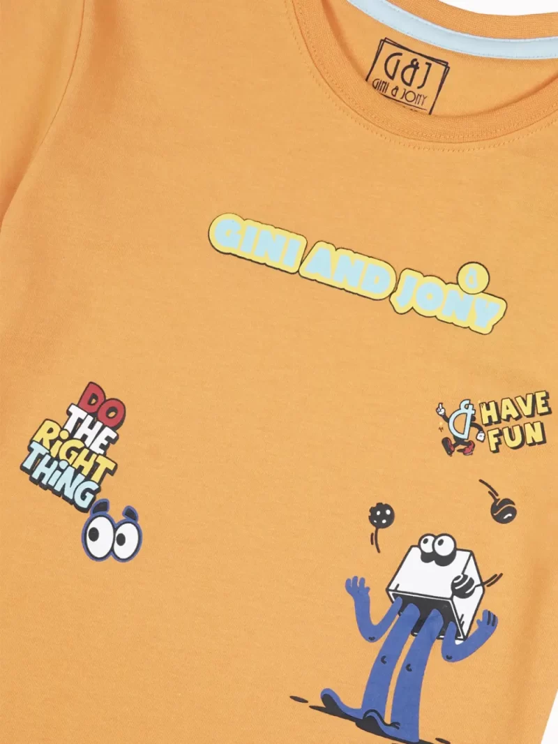 Gini And Jony Boys Orange Graphic Print Cotton T-Shirt Half Sleeves