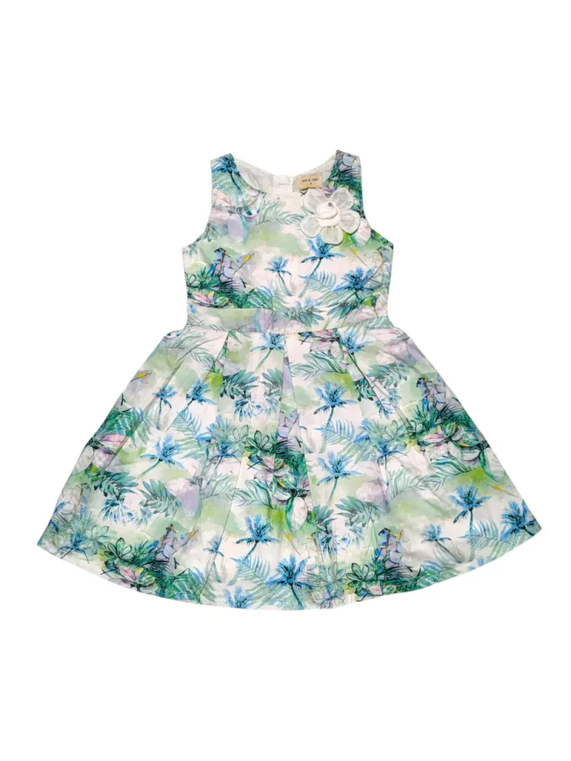 Gini And Jony Girls Green Tropical Print Cotton Dress Sleeveless