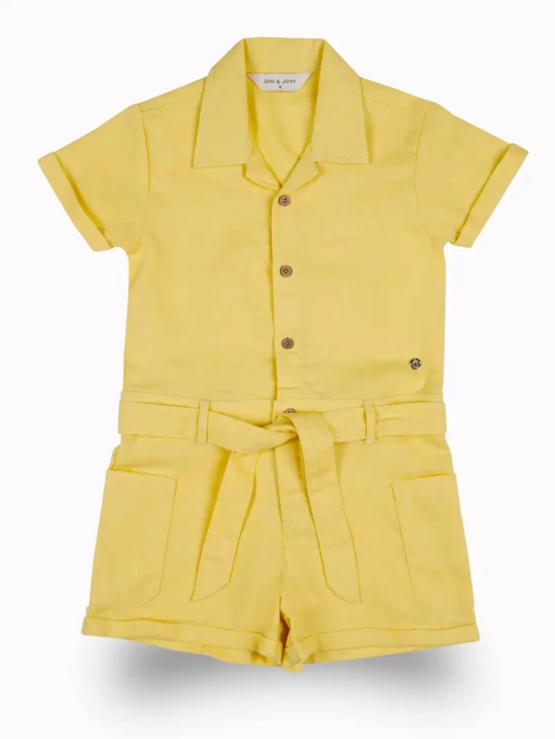 Gini And Jony Girls Yellow Solid Cotton Dungaree Half Sleeves
