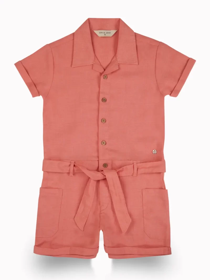 Gini And Jony Girls Peach Solid Cotton Playsuit Half Sleeves