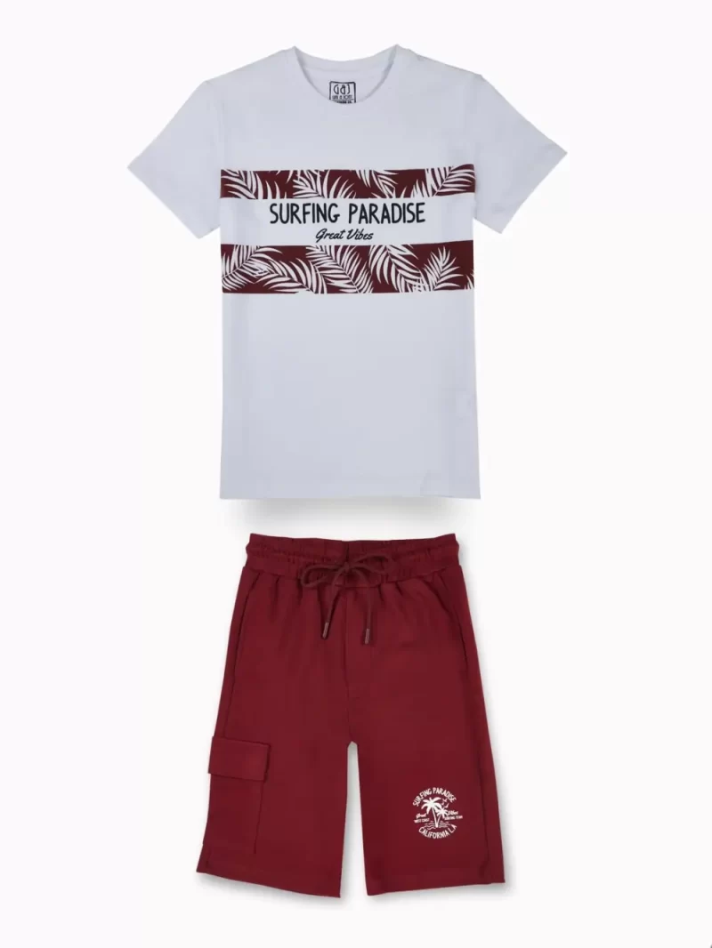 Gini And Jony Boys Maroon Tropical Print Cotton Co-Ordinate Half Sleeves