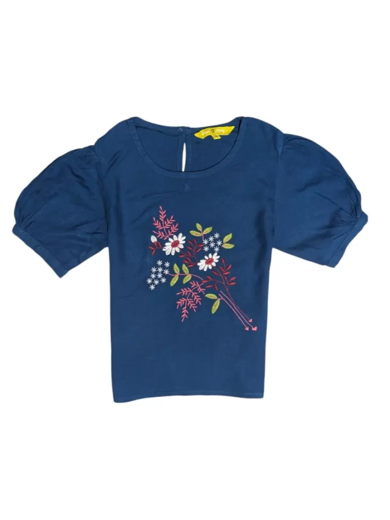 Gini And Jony Girls Blue Embroidery Satin Woven Top Cap Sleeves 9-10 Years