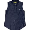Gini And Jony Girls Dark Blue Solid Denim Woven Top Cap Sleeves 9-10 Years