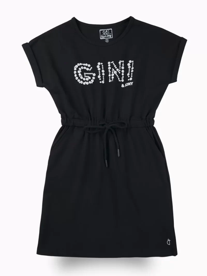 Gini And Jony Girls Black Typographic Print Cotton Dress Short Sleeves