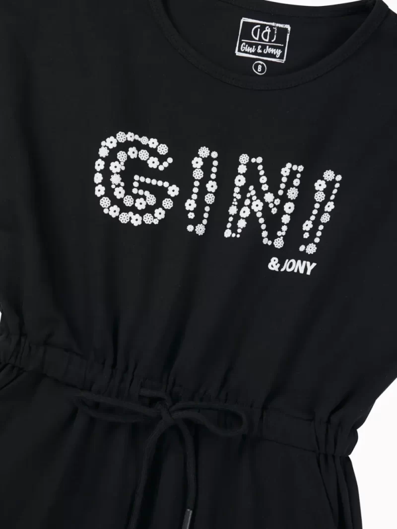 Gini And Jony Girls Black Typographic Print Cotton Dress Short Sleeves