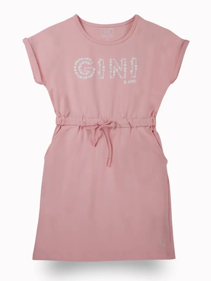 Gini And Jony Girls Pink Typographic Print Cotton Dress Half Sleeves