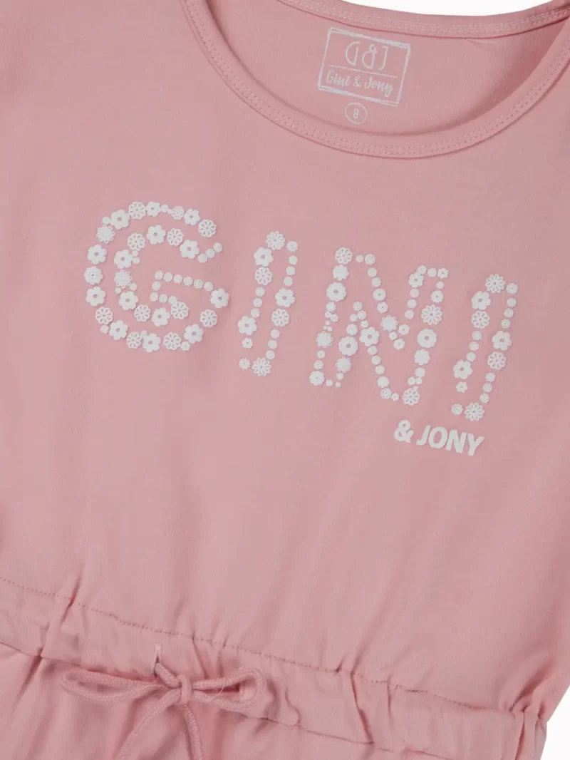 Gini And Jony Girls Pink Typographic Print Cotton Dress Half Sleeves