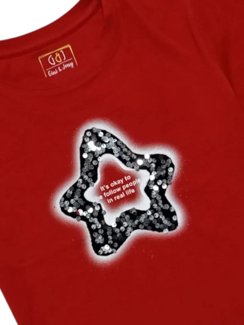 Gini And Jony Girls Red Graphic Print Cotton Knits Top Half Sleeves 9-10 Years