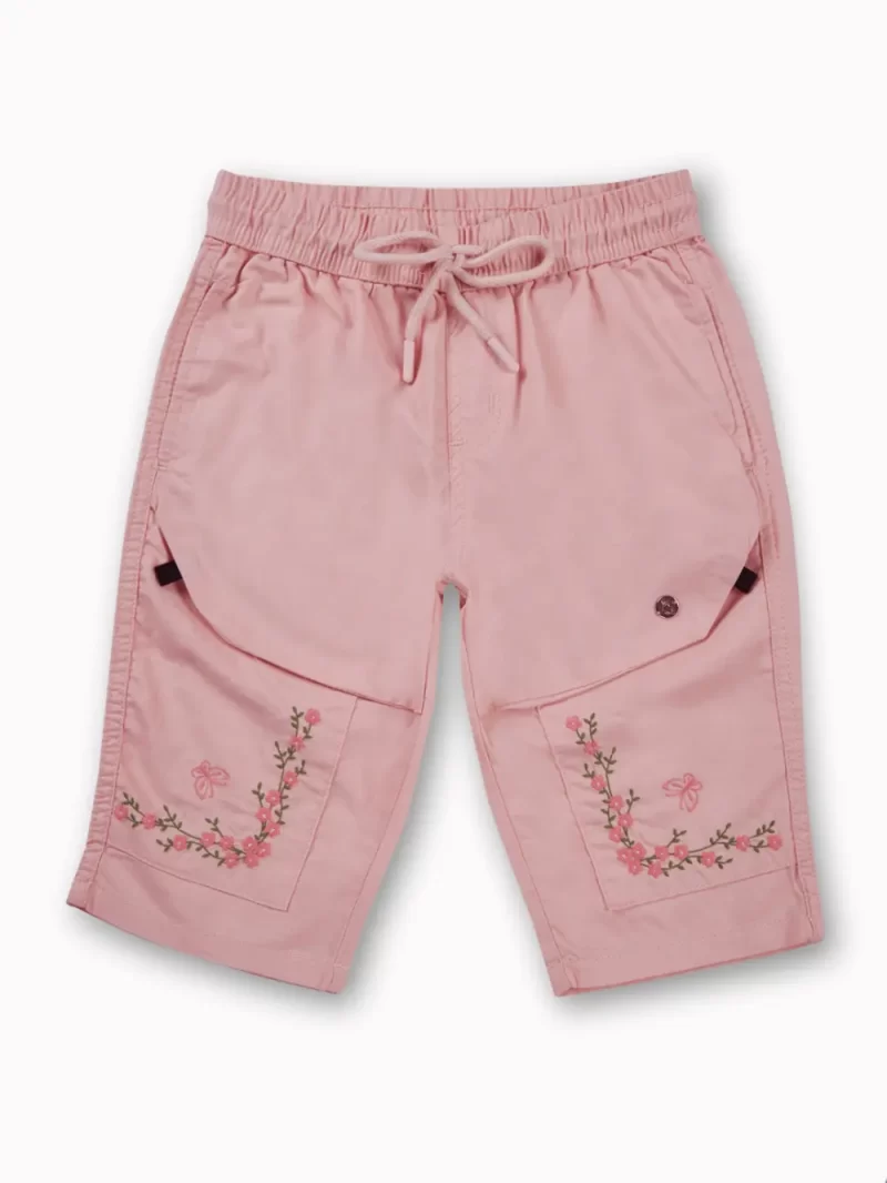 Gini And Jony Girls Light Pink Embroidery Cotton Pedal Pusher Elasticated