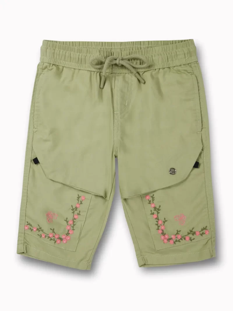 Gini And Jony Girls Green Embroidery Cotton Pedal Pusher Elasticated