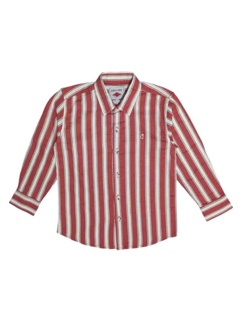 Gini And Jony Boys Red Stripes Cotton Shirt Full Sleeves