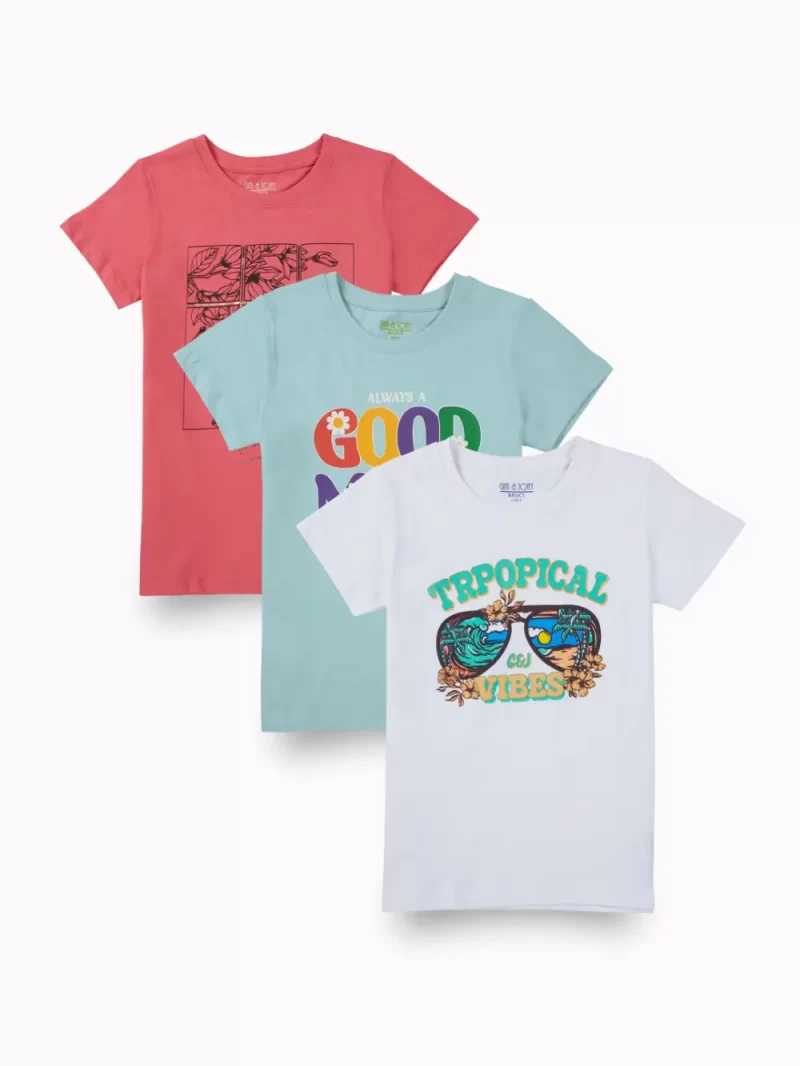 Gini And Jony Girls Multi Color Graphic Print Cotton Knits Top Pack Of 3 Half Sleeves 9-10 Years