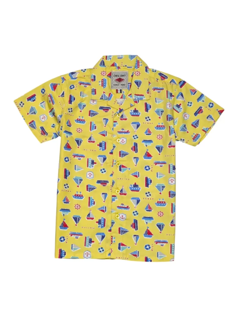 Gini And Jony Boys Yellow Conversational Print Cotton Shirt Half Sleeves