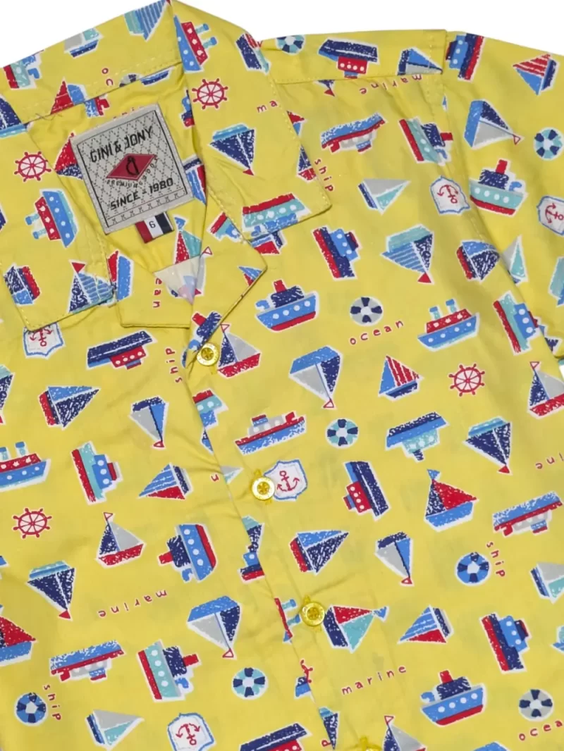 Gini And Jony Boys Yellow Conversational Print Cotton Shirt Half Sleeves