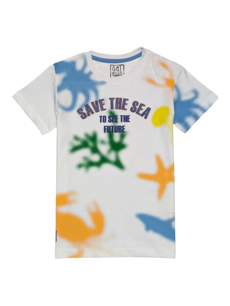 Gini And Jony Boys White Abstract Print Cotton T-Shirt Half Sleeves