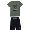 Palm Tree Boys Olive Graphic Print Cotton Cordinate Elasticated