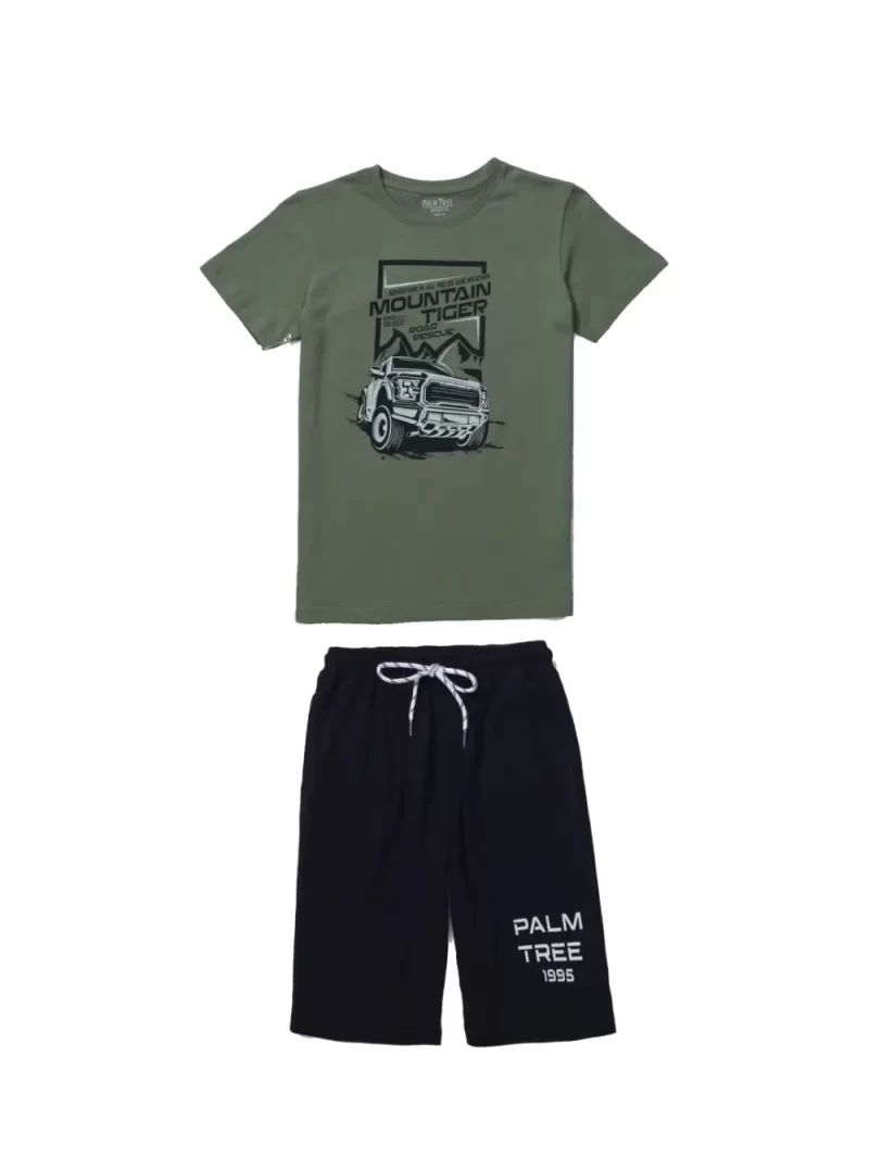 Palm Tree Boys Olive Graphic Print Cotton Cordinate Elasticated
