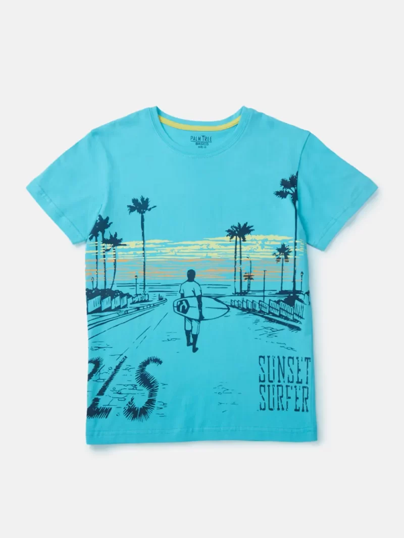 Palm Tree Boys Blue Graphic Print Cotton T-Shirt Half Sleeves