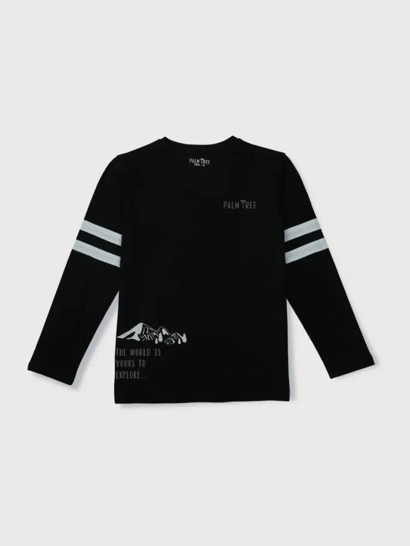 Palm Tree Boys Black Typographic Print Cotton T-Shirt Full Sleeves