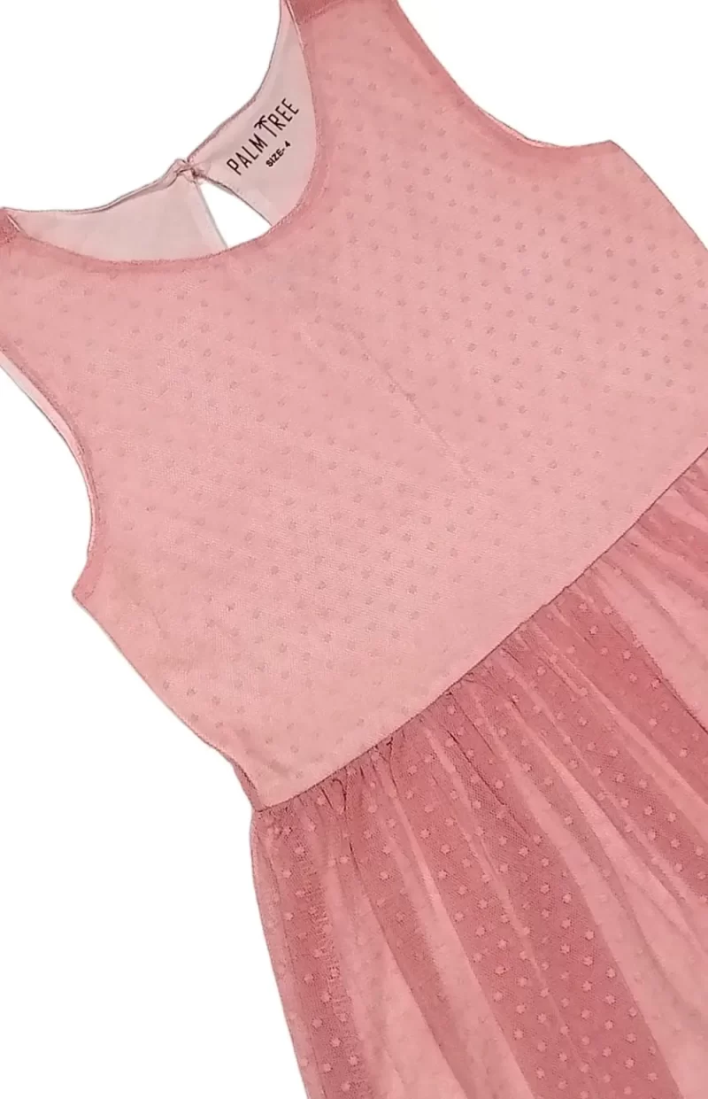 Palm Tree Girls Pink Textured Print Net Dress Sleeveless