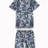 Palm Tree Boys White Abstract Print Polyster Co-Ordinate Half Sleeves