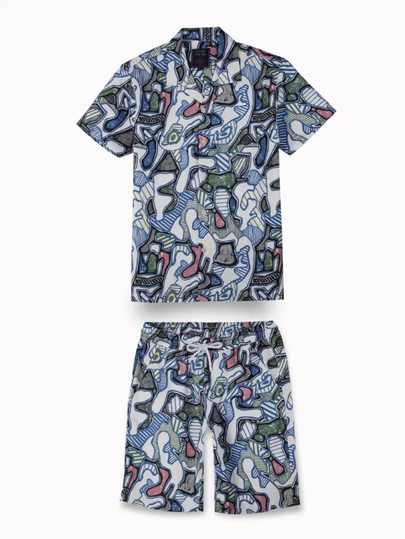 Palm Tree Boys White Abstract Print Polyster Co-Ordinate Half Sleeves