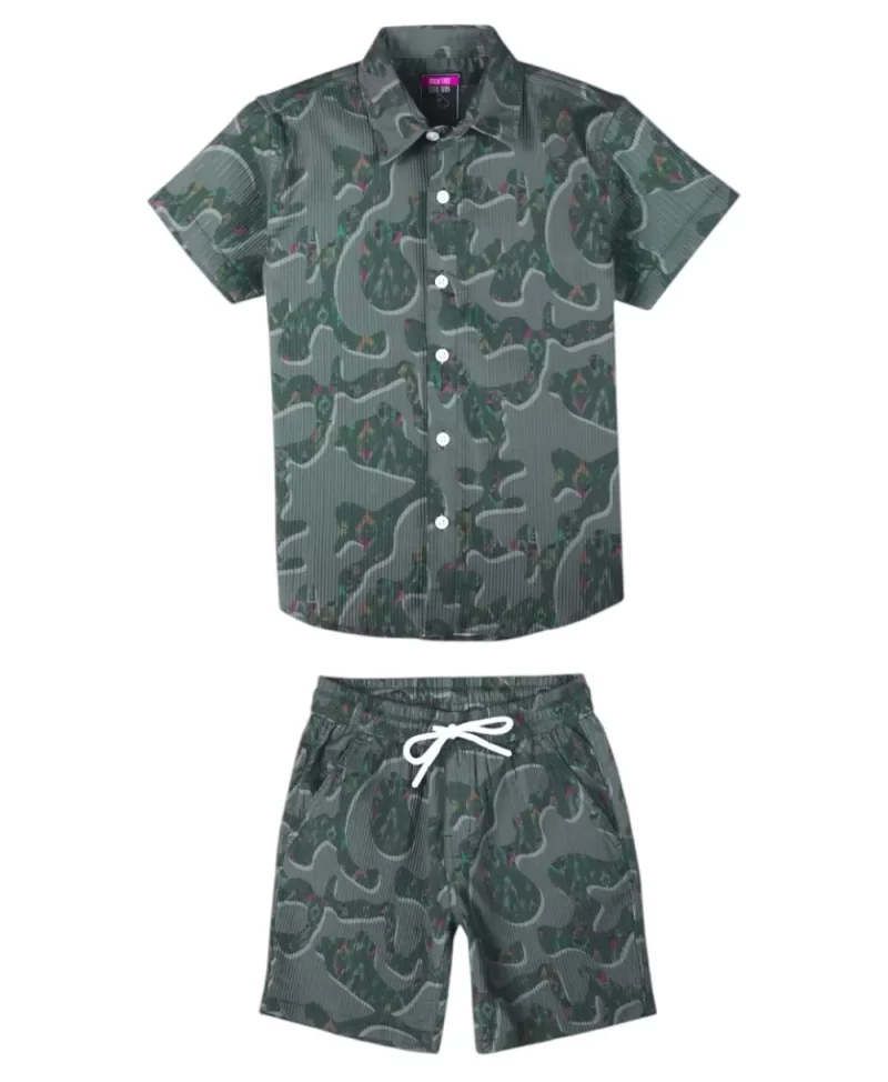 Palm Tree Boys Olive Abstract Print Polyster Co-Ordinate Half Sleeves