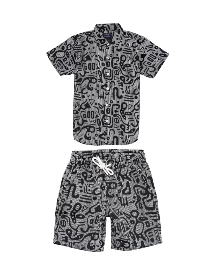 Palm Tree Boys Black Abstract Print Cotton Co-Ordinate Half Sleeves