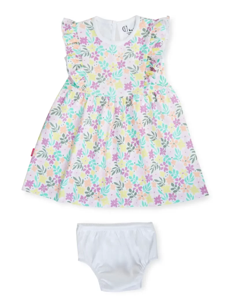 Gj Baby Girls White Floral Print Cotton Dress Half Sleeves
