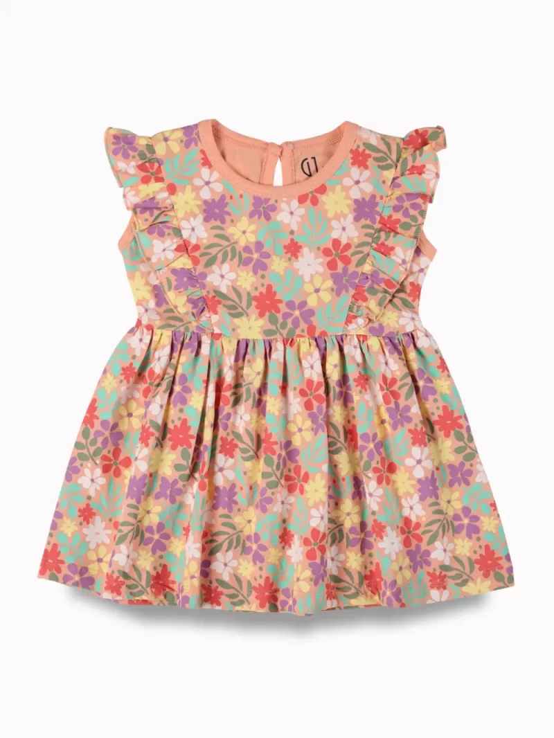 Gj Baby Girls Peach Floral Print Cotton Dress Sleeveless