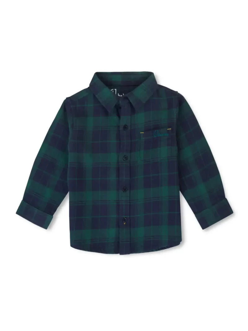 Gj Baby Boys Grey Classic Chequred Green Cotton Round Neck Full Sleeve Shirt
