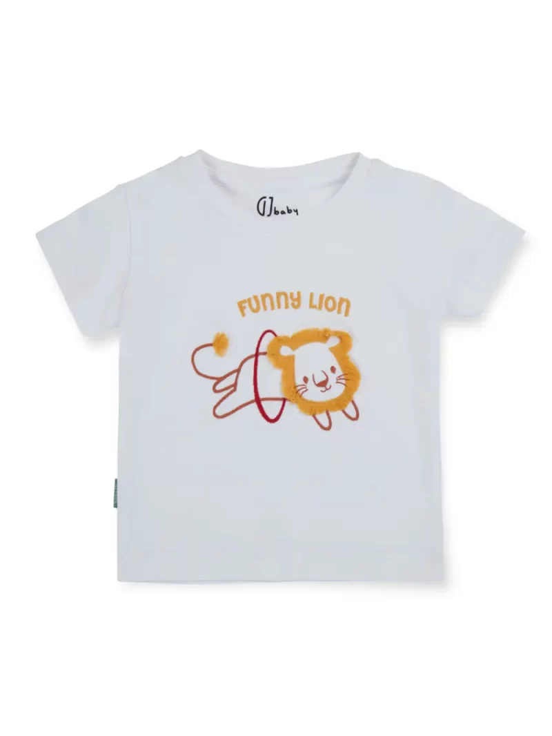 Gj Baby Boys White Applique Cotton T-Shirt Half Sleeves