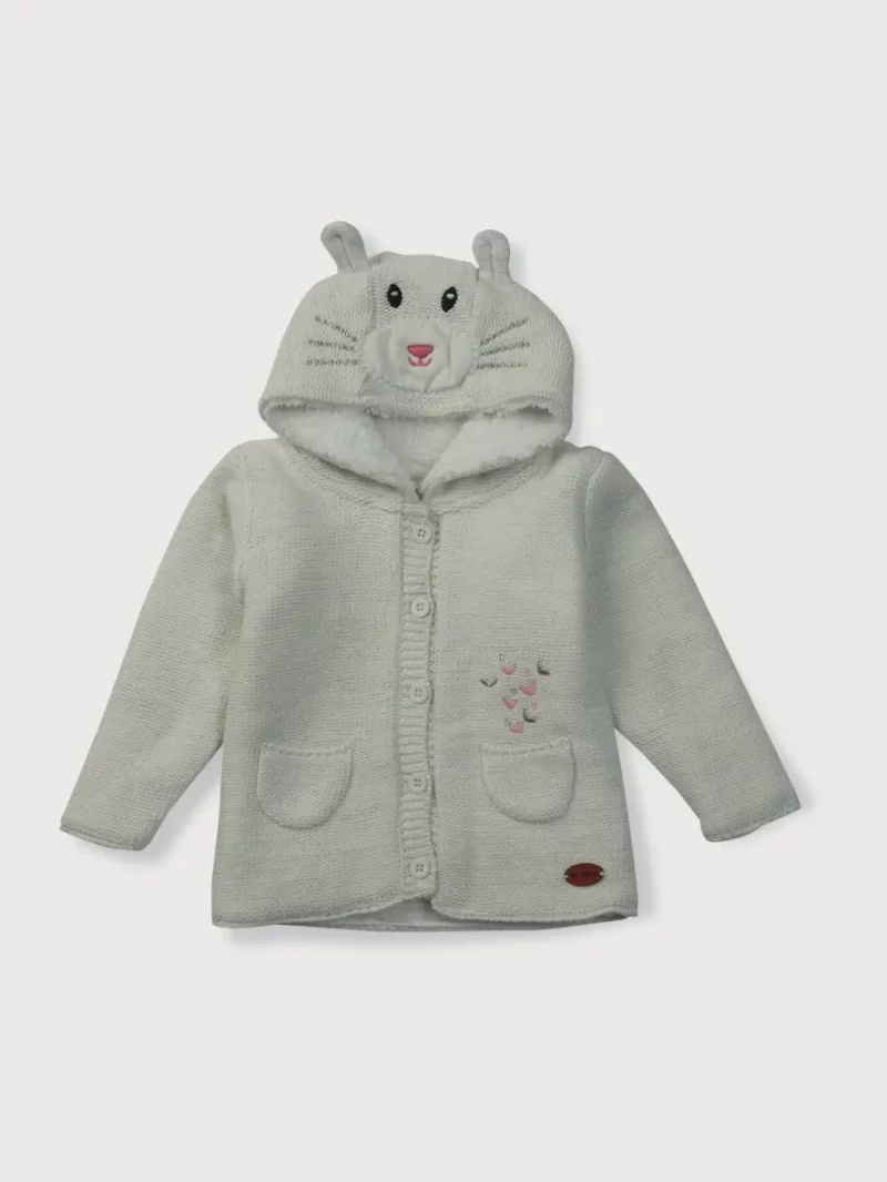 Gj Baby Girls White Applique Fleece Sweater Full Sleeves 0-3 Months