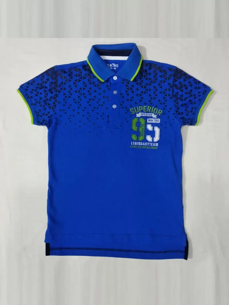 Palm Tree Boys Blue Geometric Print Cotton Polo T-Shirt Half Sleeves