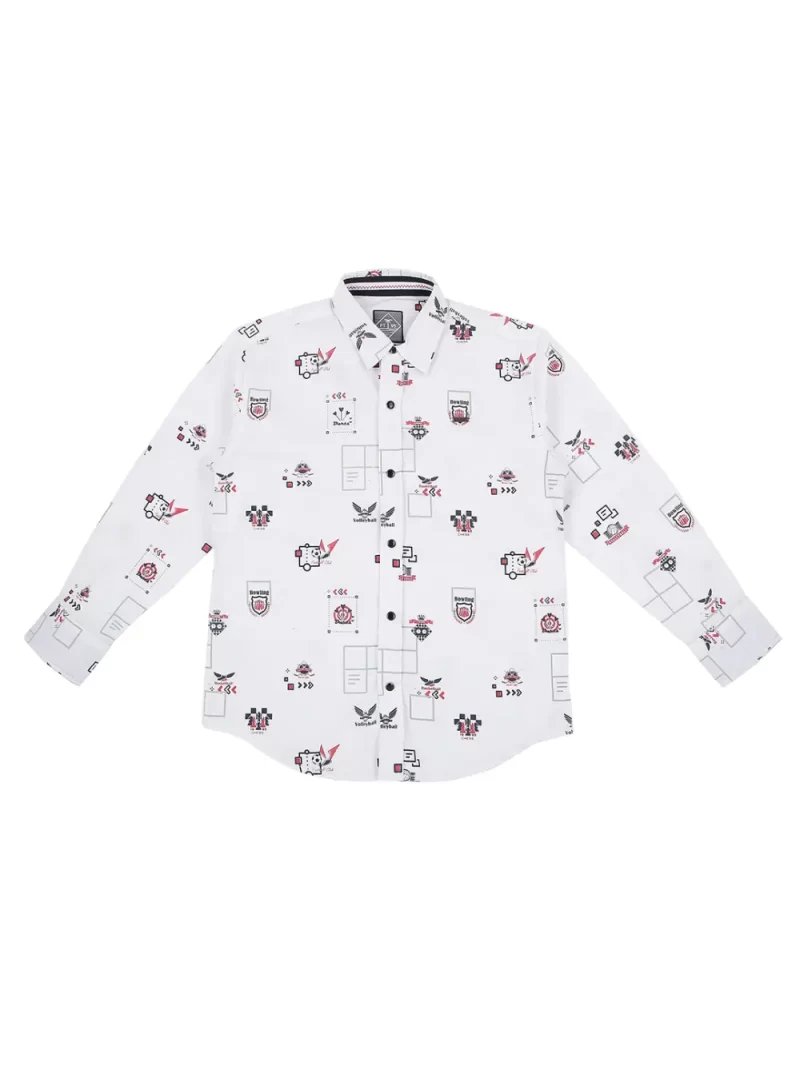Palm Tree Boys White Conversational Print Cotton Shirt Full Sleeves