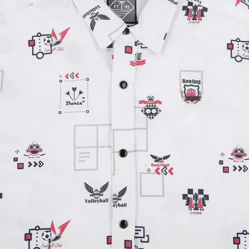 Palm Tree Boys White Conversational Print Cotton Shirt Full Sleeves