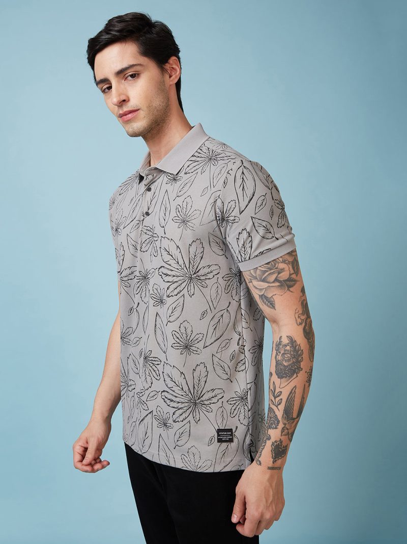 Status Quo Men'S Floral Printed Polo Collar Short Sleeves Regular Fit Tshirt