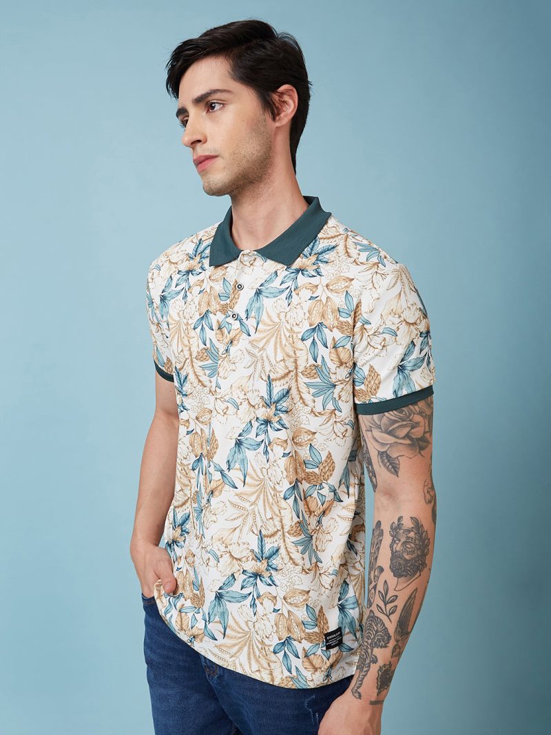 Status Quo Men'S Floral Printed Polo Collar Short Sleeves Regular Fit Tshirt