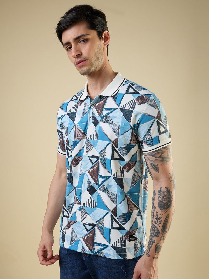 Status Quo Men'S All-Over Geometric Printed Polo Collar Half Sleeves Regular Fit Tshirt