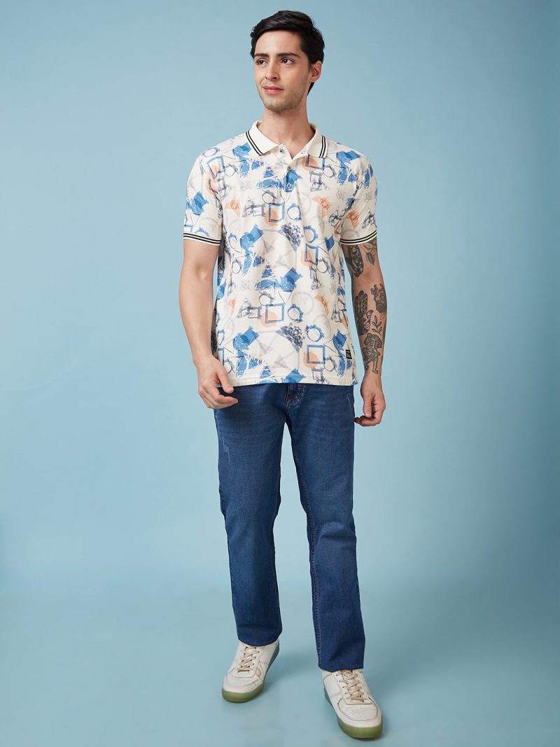 Status Quo Men'S Geometric Printed Polo Collar Short Sleeves Regular Fit Tshirt