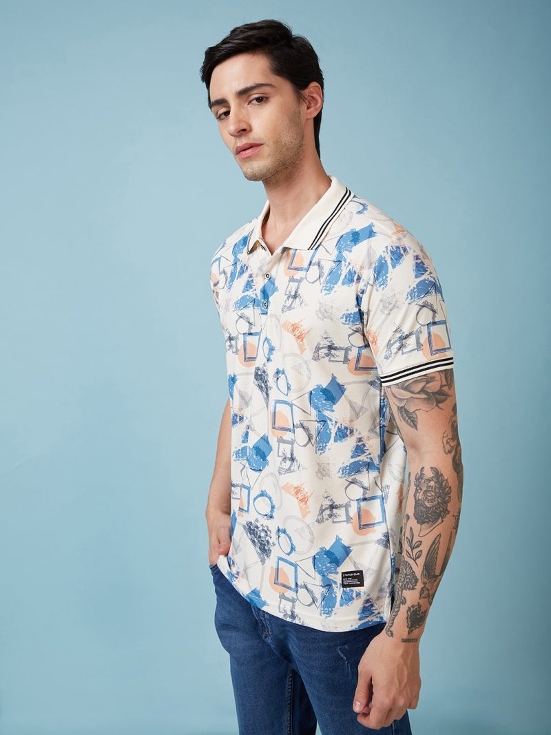 Status Quo Men'S Geometric Printed Polo Collar Short Sleeves Regular Fit Tshirt