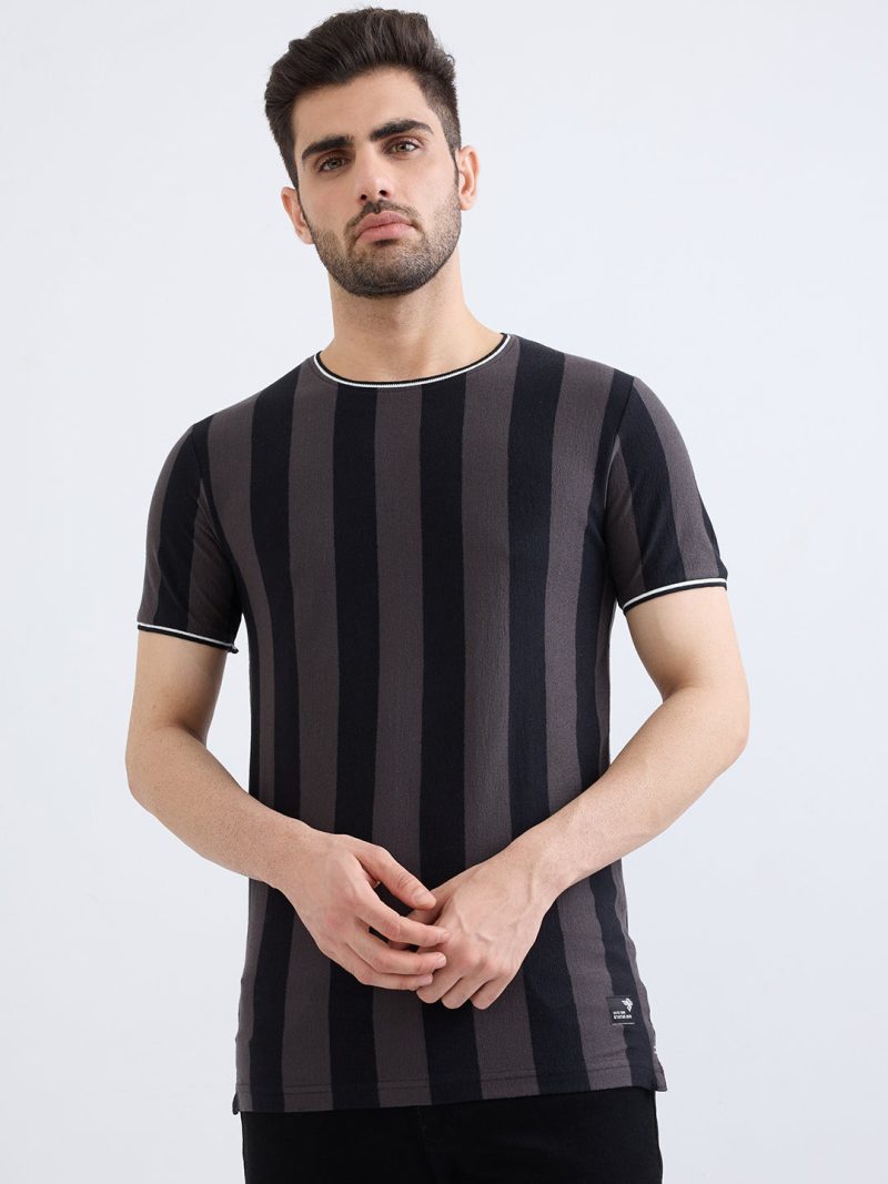 Status Quo Men'S Striped Half Sleeves Round Neck Regular Fit Tshirt
