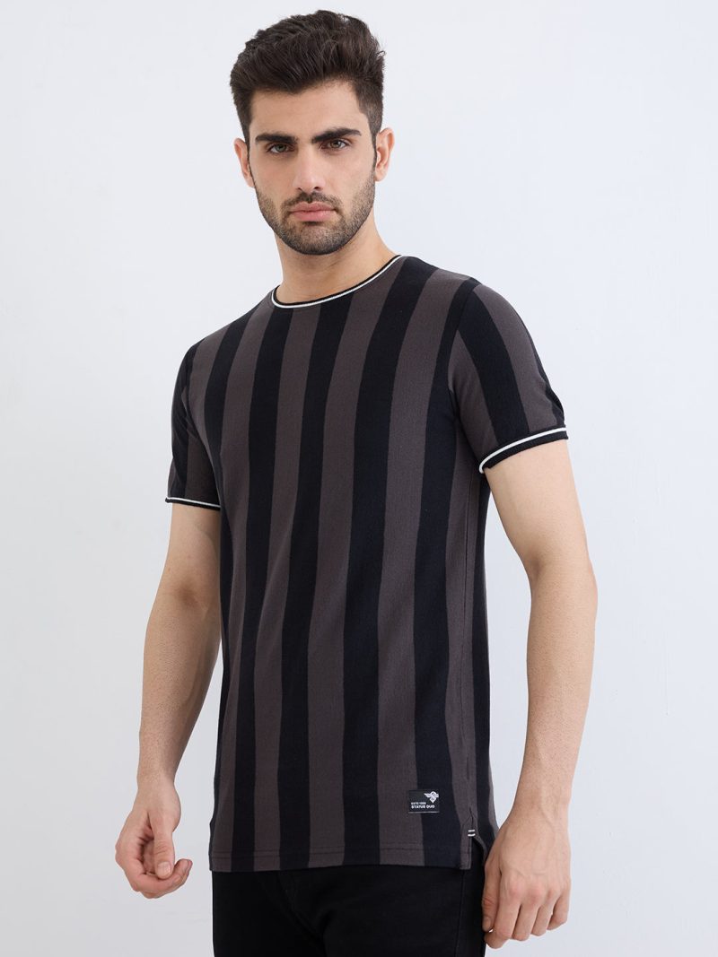 Status Quo Men'S Striped Half Sleeves Round Neck Regular Fit Tshirt