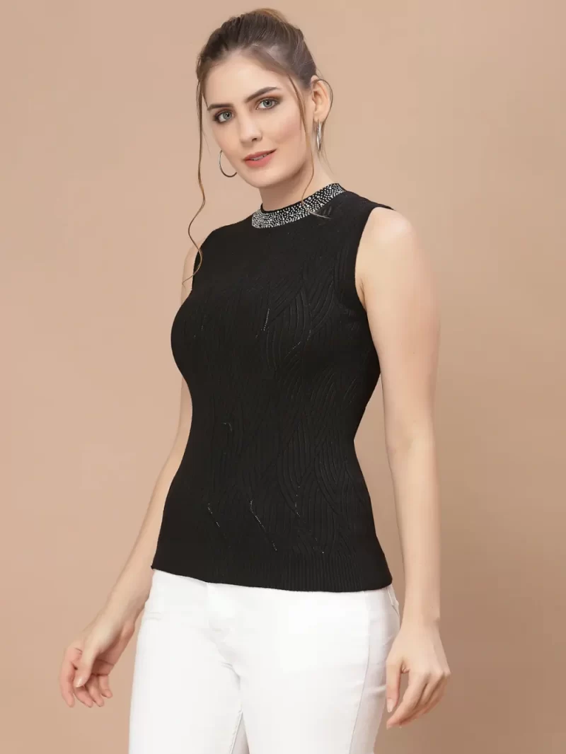 Women Self Design Jewel Neck Sleeveless Top