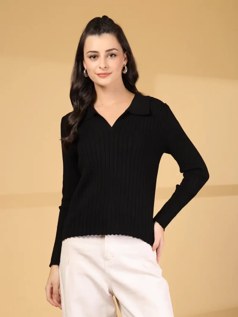 Women V-Neck Knitted Fitted T-Shrit