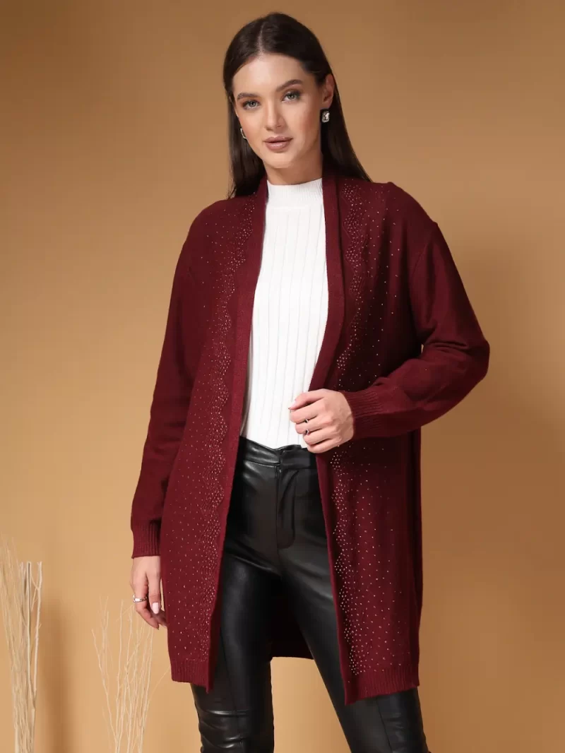 Women Embellished Self Design Front Open Longline Shrug