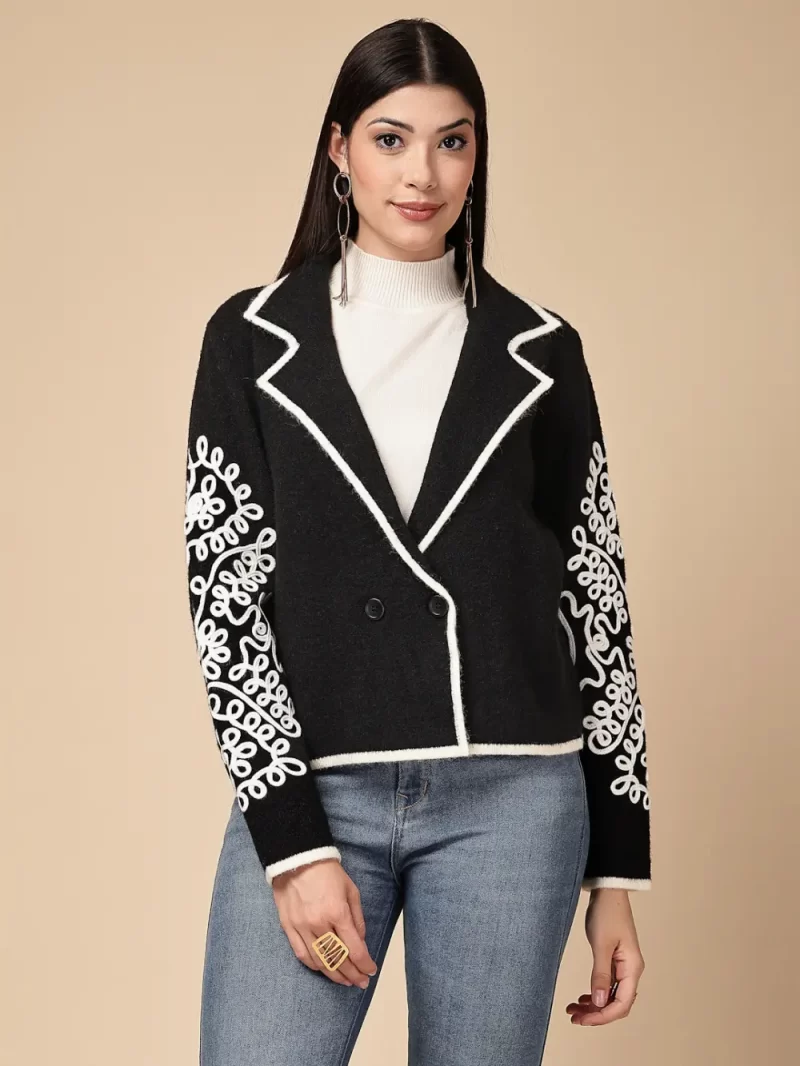 Women Lapel Collar Acrylic Cardigan With Top