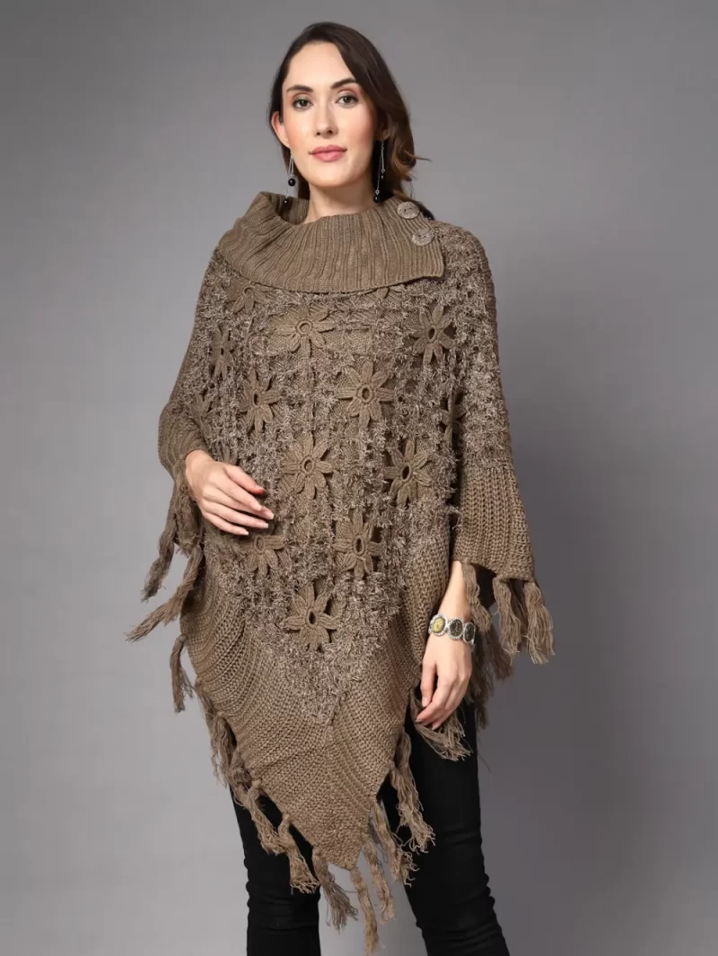 Women High Neck Long Sleeves Chevron Longline Poncho