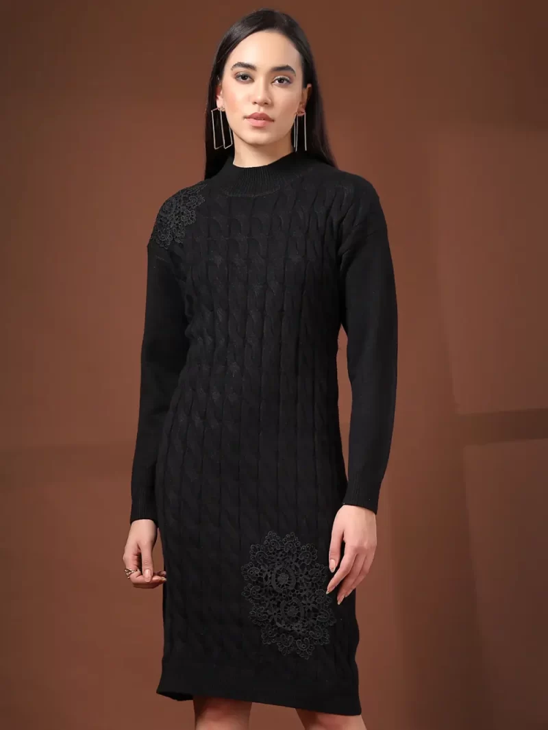 Women Cable Knit Self Design High Neck Dress