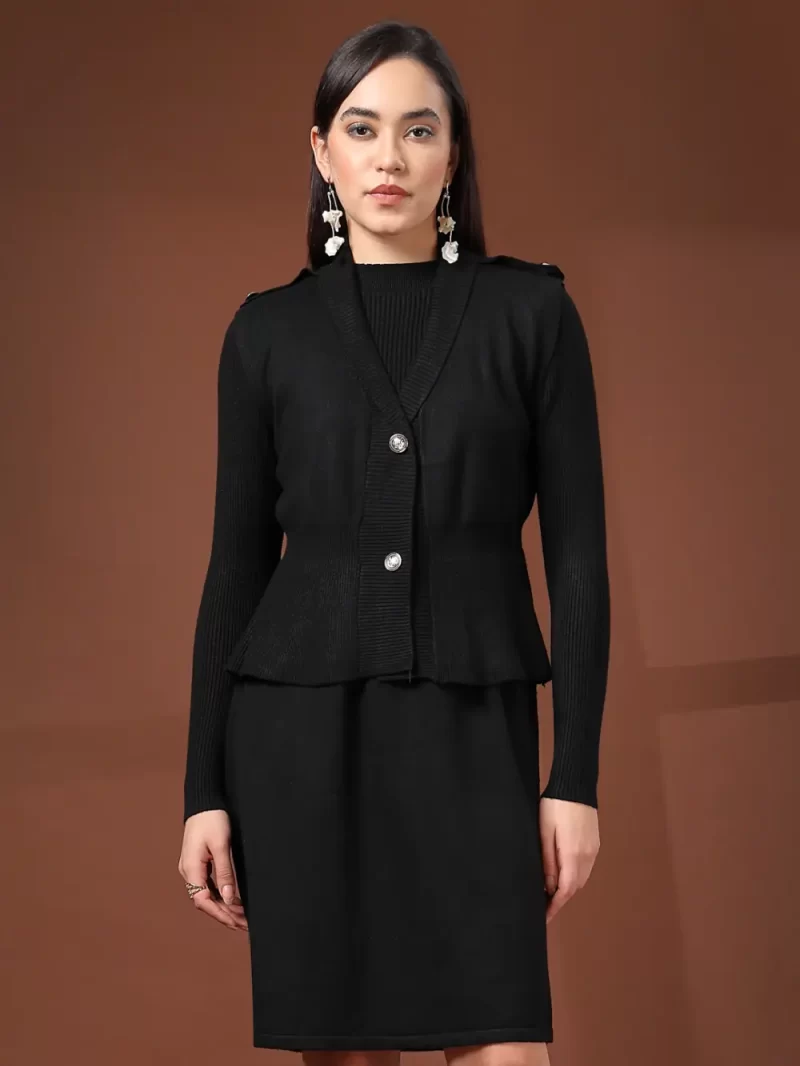Ribbed Sweater Dress With Attached Cardigan